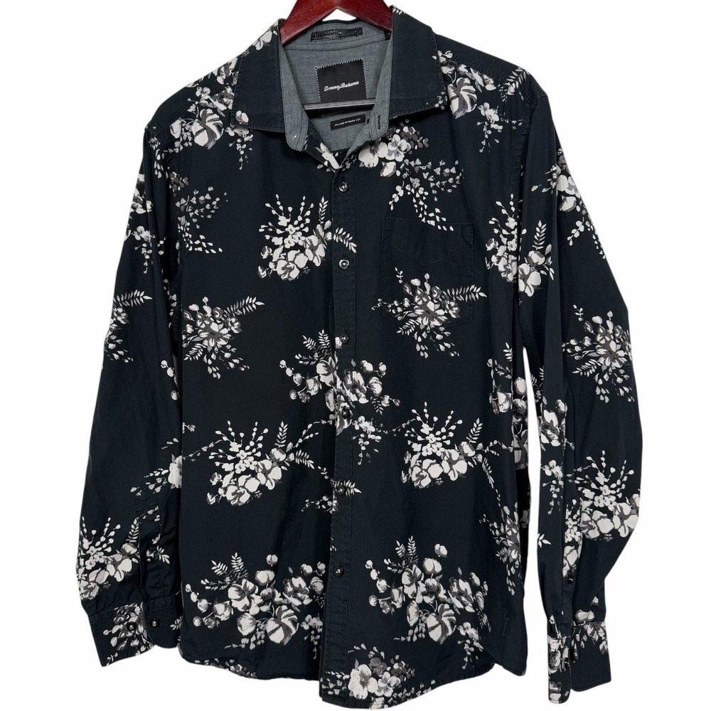 Tommy Bahama Island Modern Fit XL TG Black Floral Button Front Shirt Cotton
